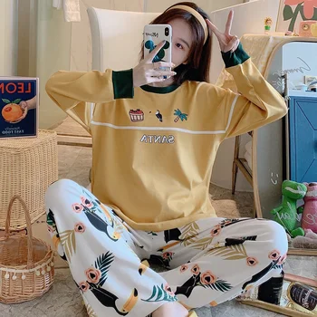 

Autumn Knitted Long sleeved Cotton Cartoon Pajamas Set Women Pyjamas Sleepwear Loose Pijama Mujer Home Clothes Long Night suits
