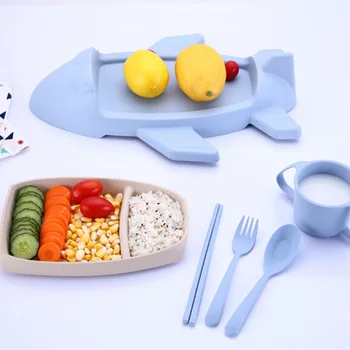 

Aircraft Shape Dinnerware Bamboo Fiber Baby Plate Tray Cartoon Shatter-Resistant Cute Cup Lunch Box Children'S Rice Bow Dropship