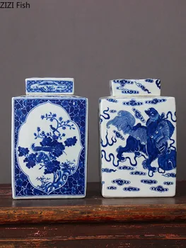 

Lion Pattern Ceramic Jars Classic Painted Blue and White Porcelain Tea Caddy Vintage Home Decor Rectangle Storage Jar with Cover