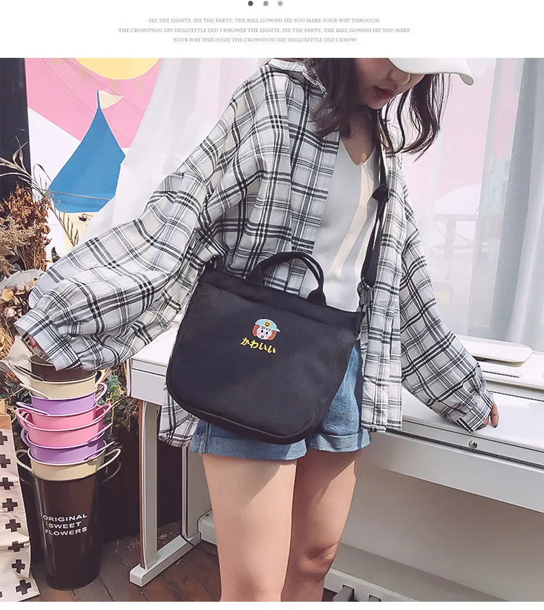 Summer Japanese-style INS Casual One Shoulder Canvas Bag Schoolbag Cute Embroidered Pattern Shopping Bag