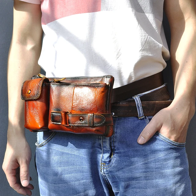 New Hot Sale Quality Leather men Fashion Travel Fanny Waist Belt Bag Chest Pack Sling Clutch Bag Design Phone Case Male 8135-d Orange