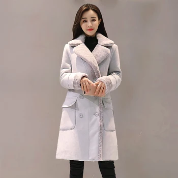 

Fashion Suede 2018 Autumn Winter Feminine Coat Pink Grey Elegant Long Manteau Femme Korean New Suit Collar Long Sleeve Outwear