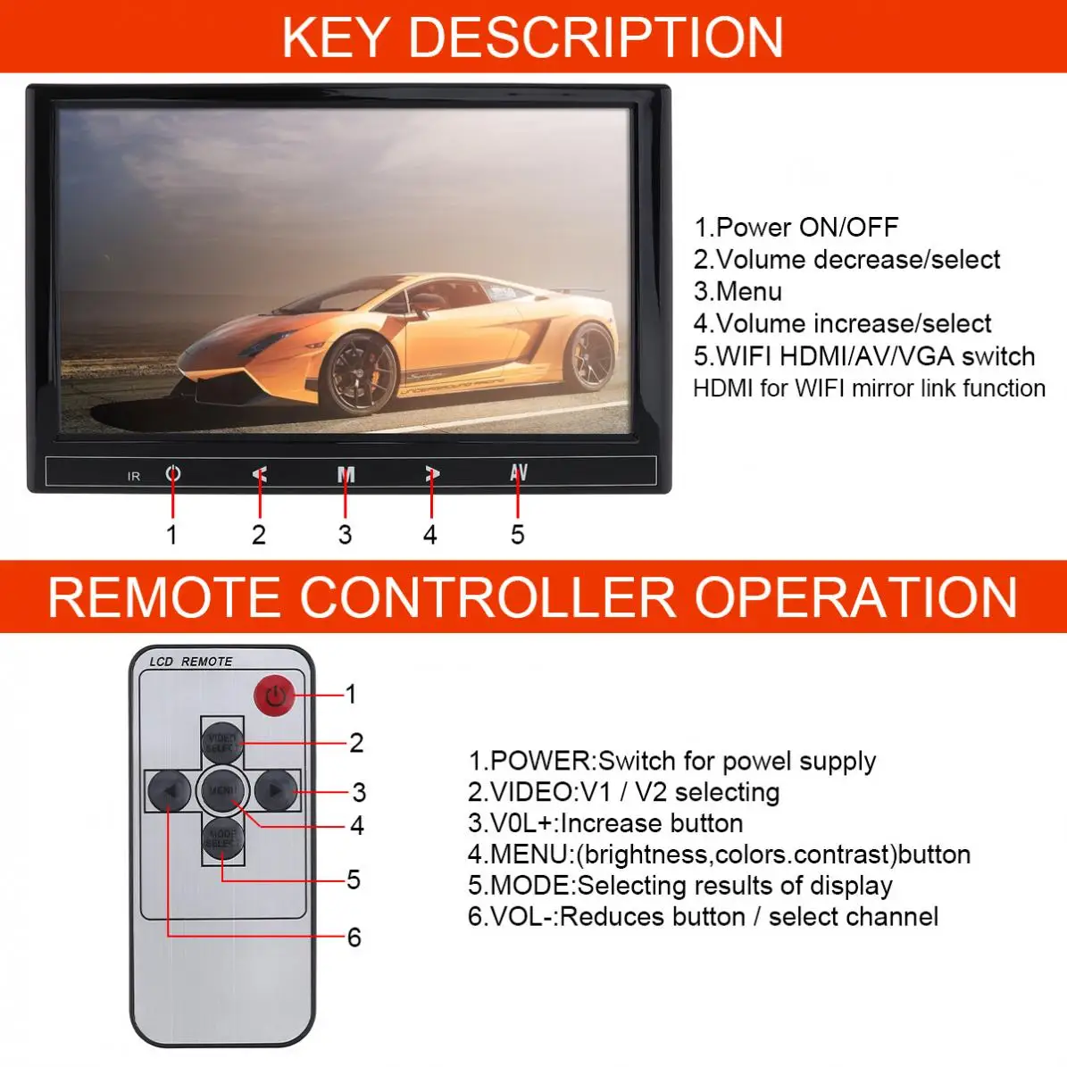  9 Inch HD IPS 1024*600 TFT LCD Color Multifunction Car Headrest Monitor HDMI / VGA / AV / Wireless 