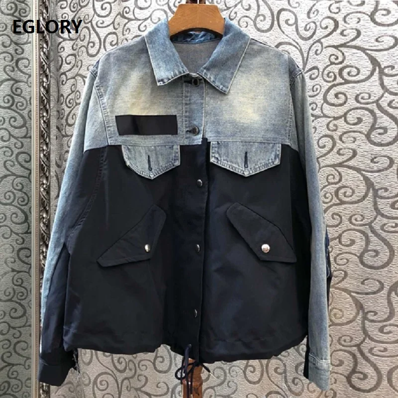 

High Quality Jacket 2019 Autumn Casual Tops Coat Women Turn-down Collar Denim Patchwork Long Sleeve Loose Coat Jeans Woman