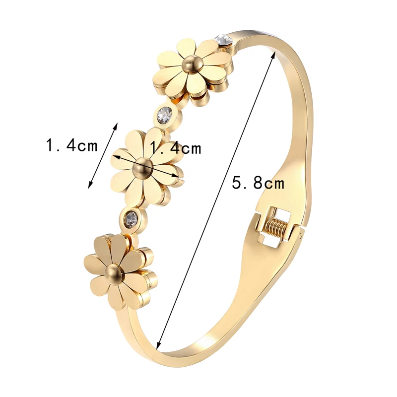 Crystal And 3 Chrysanthemum Shape Bracelets & Bangle Stainless Steel Spring Open Gold Color Bangle For Women Brand Jewelry bangle bracelet crystal bracelets stainless steel bracelet
