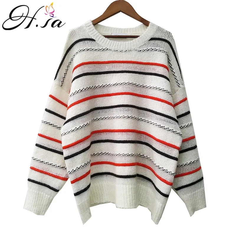 

H.SA Women Striped Pull Sweaters Oneck Long Sleeve Oversized Knitted Jumpers Chic Sweet Knitwear Pullovers Striped Pull Femme