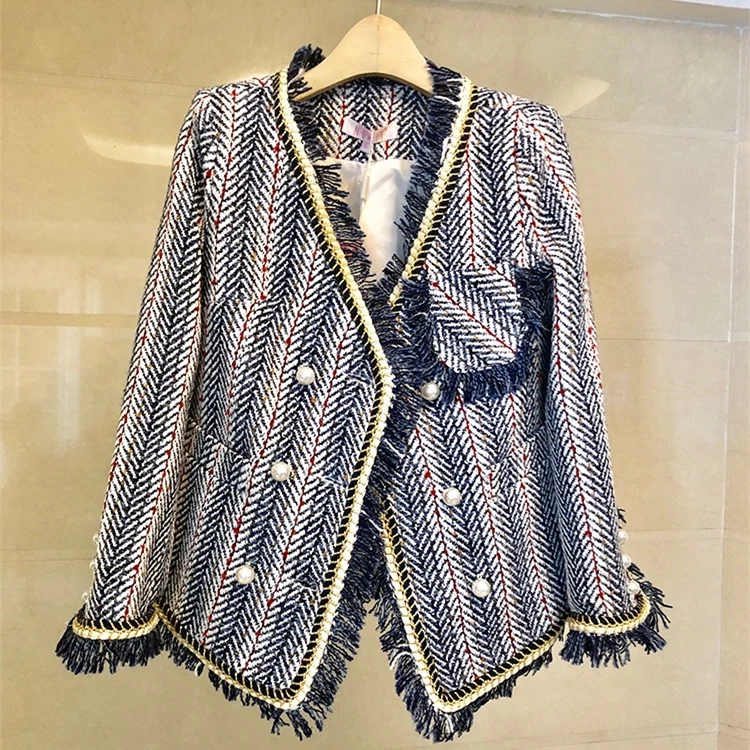Небольшой аромат Твид Осень Зима Ouetrwear подиумная Женская Полосатая двубортная жемчужная Дамская кисточка Сексуальная V Шея куртка пальто