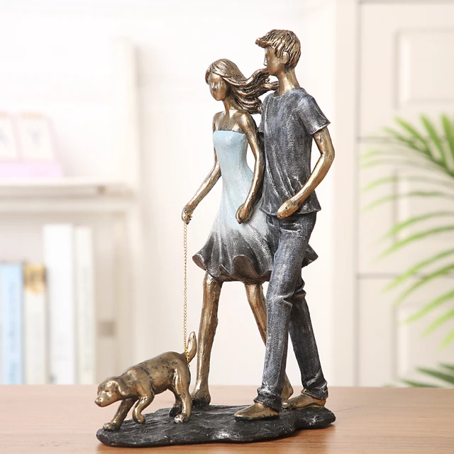 Couple Walking With Dog Handmade Resin Statue 1