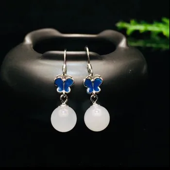 

Chinese S925 Sterling Silver Natural Hetian White Jade Inlay Buttertly Enamel Process Hook Earring Jewelry For Women Fine Jewelr