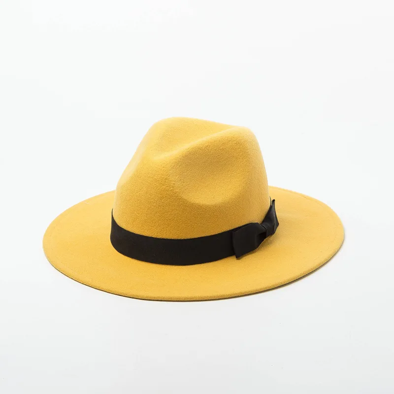 Классическая черная шляпа с бантом шерстяной джазовый Fedora шляпы для женщин женские вечерние шляпы Панама мягкая мужская фетровая шляпа - Цвет: Цвет: желтый