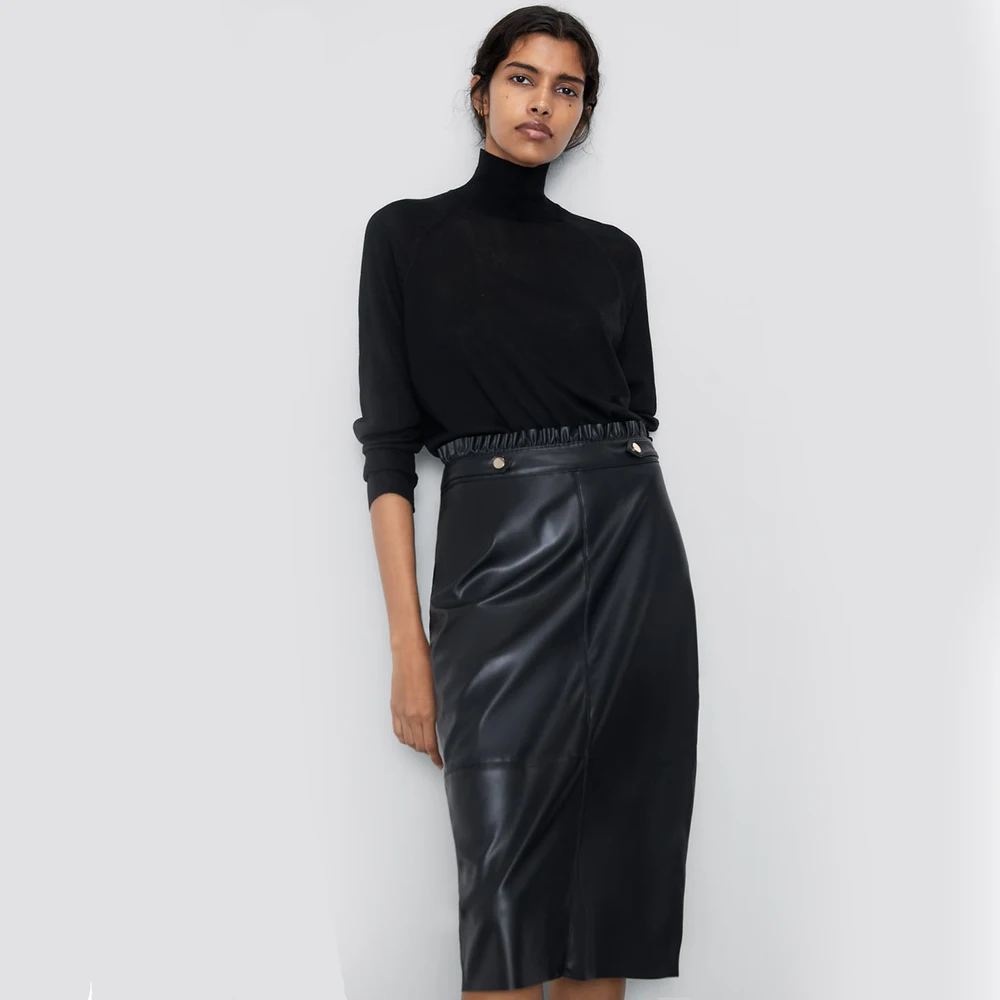 ZA юбка женская новая осенне-зимняя черная юбка из искусственной кожи с разрезом, сексуальная уличная элегантная Эффектная юбка, вечерние юбки