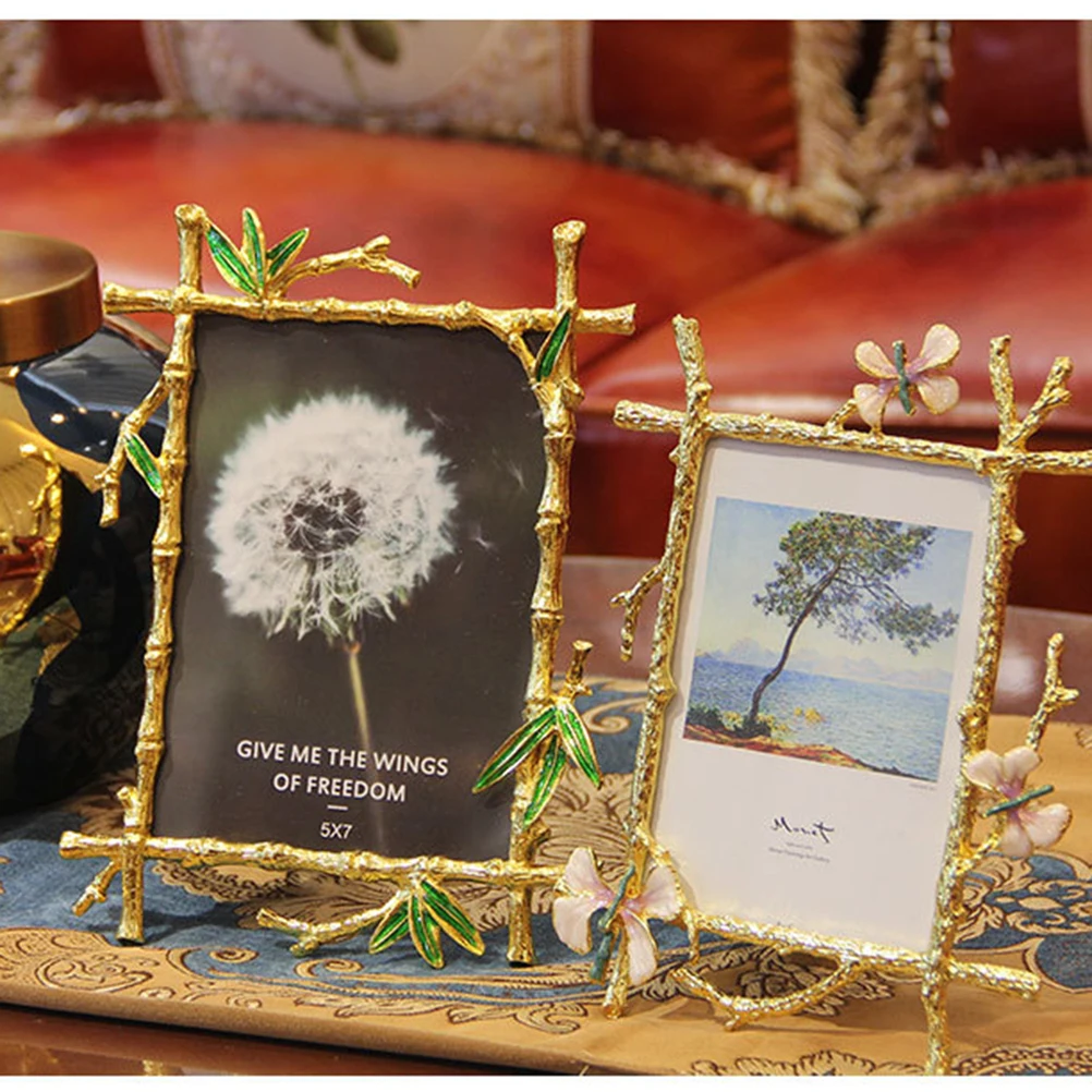 

6 Inches Vintage Creative Metal Photo Frame Picture Holder Luxurious Ornaments for Home Table Green Bamboo Leaves