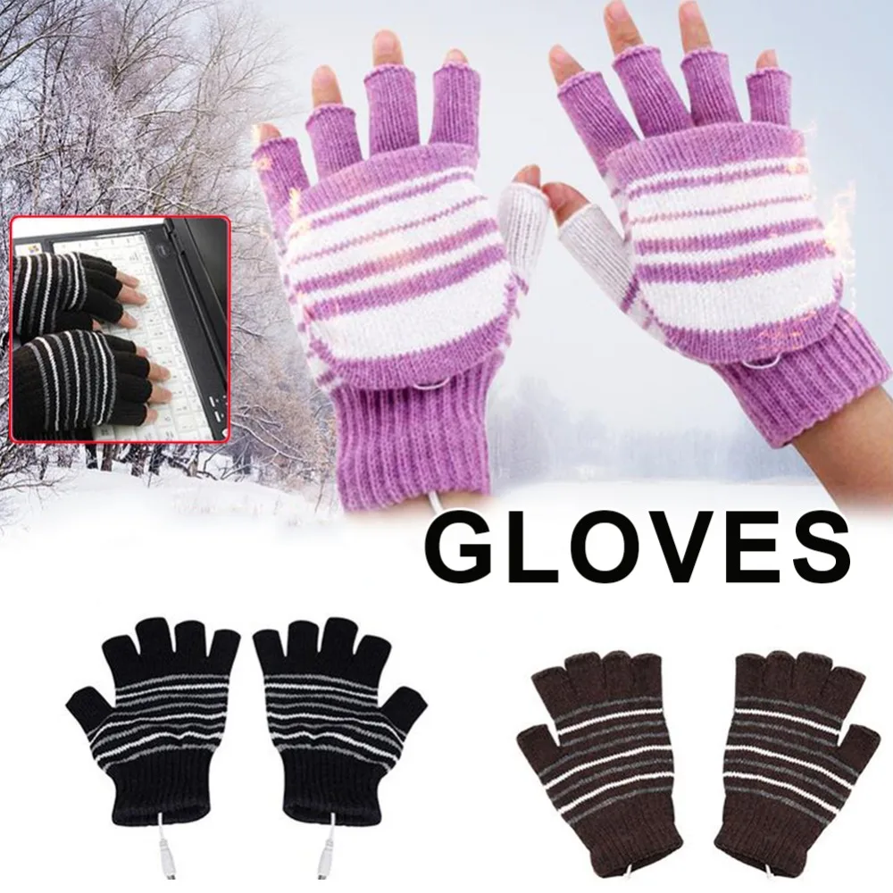 Теплые перчатки с открытыми пальцами, USB, моющиеся, без пальцев, зимние вязаные перчатки