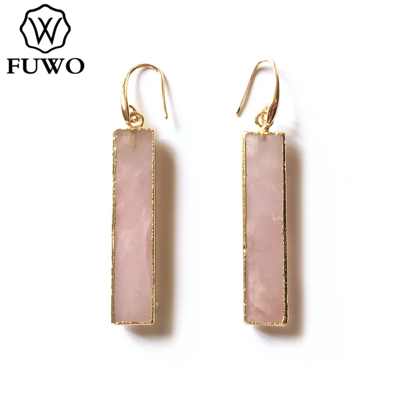 FUWO Wholesale Natural Rose Quartzs Drop Earrings,Golden Plated Rectangle Pink Crystal Jewelry For Women Gift 5Pairs/Lot ER226