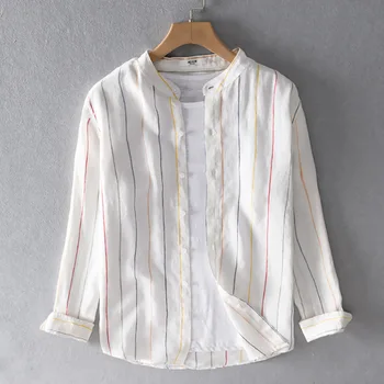 

Spring Autumn Fashion Japan Style Stand Collar Striped Long Sleeve Single Breasted Shirts Male Casual High Quality Linen Blouses