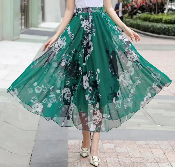 Винтажная длинная юбка с цветочным принтом для женщин, новинка, трапециевидные макси юбки размера плюс, эластичная шифоновая юбка с высокой талией, 8 цветов, Saias - Цвет: Зеленый
