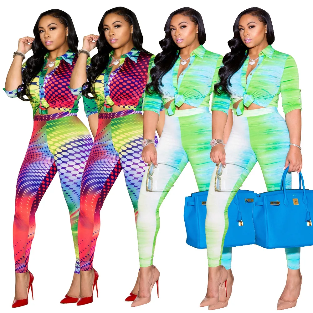 

Echoine Rainbow Dot Tie Dye Print Women Two Piece Set Charming Blouses Pencil Jogger Pants Suit Active Tracksuit Fitness Outfits