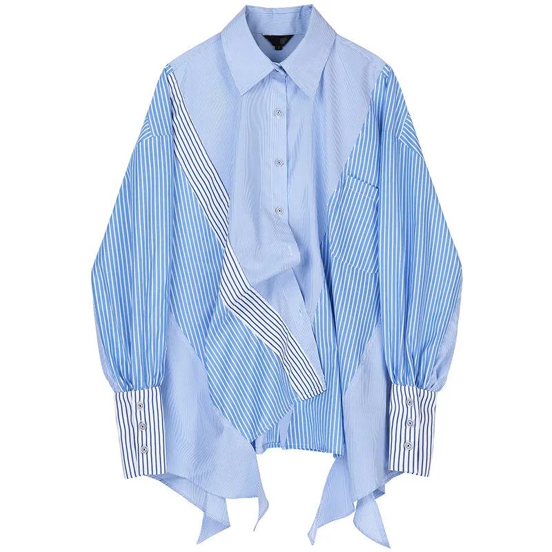 [EAM] Женская Асимметричная Блуза в полоску большого размера, новая свободная рубашка с отворотом и длинным рукавом, модная весенняя Осенняя JZ687 - Цвет: Blue stripes