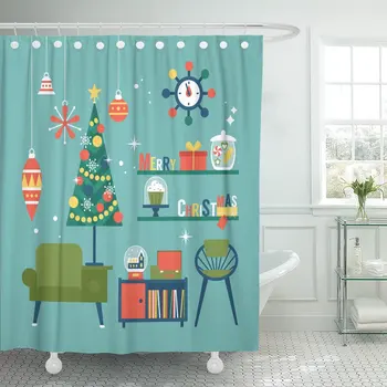 

Shower Curtain Flat Modern Creative Christmas Mid Century Furniture and Globe Waterproof Polyester Fabric Set with Hooks