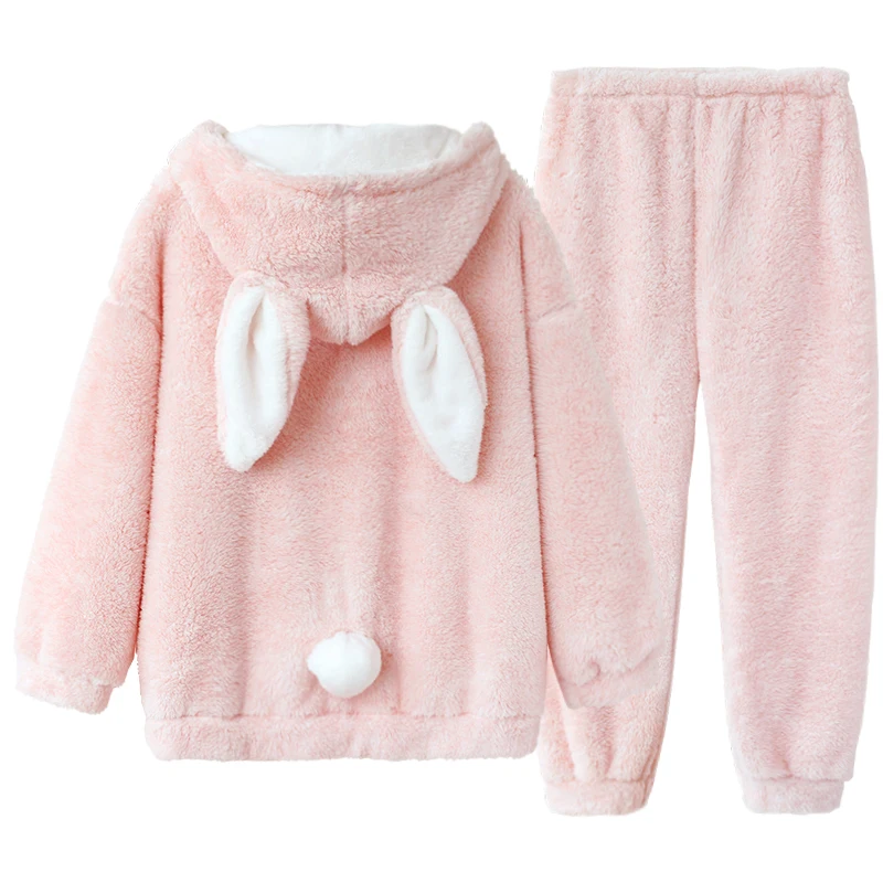 Cute Winter Pajamas Set Women Lolita Bunny Warm Sleepwear Girls Kawaii