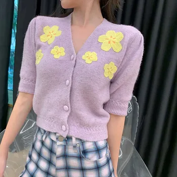 

Lavender Cropped Cardigan Women Knit Crop Top 2020 Summer Hook Floral V Neck Single Breasted Short Sleeve Short Cardigan