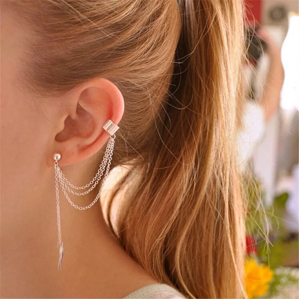 

New Simple Temperament Single Ear Clip Metal Leaf Cold Wind Fashion Tassel ear nail Earrings Female Jewelry Gift Wholesale