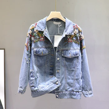 

2020Spring Autumn Heavy Embroidery Beads Blue Denim Jacket Female Cropped Jacket Ladies High Street Jean Jacket Denim Coat Femme