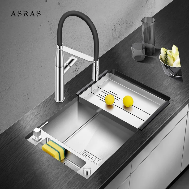 

Asras 304 Stainless Steel Sink Set Handmade Kichen Sink with Multi-function faucet Large Single Sink with draining board