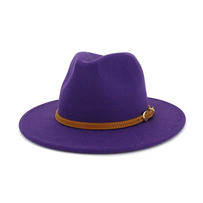 Purple fedora FS 16 цветов унисекс шерстяная фетровая джазовая шляпа для женщин и мужчин широкие фетровые шляпки с полями с поясом Панама Трилби карнавал торжественная шляпа - Цвет: Purple fedora