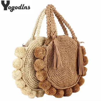 

Vintage Round Straw Beach Bag Handmade Woven Shoulder Bags Raffia Ball Circle Rattan Tassel Bags Bohemian Summer Vacation ins