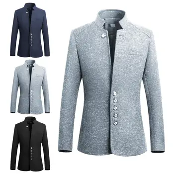 

Fashion Men Stand Collar Suit Jacket Slim Single Breasted Business Blazer Coat Elegant and sleek men's business wear business