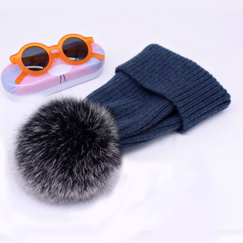 wool blue fox fur 2 Новинка, зимняя шапка, роскошные качественные шапки с меховым помпоном, шапка высокого качества для девочек, женские зимние шапки - Цвет: wool blue fox fur 2