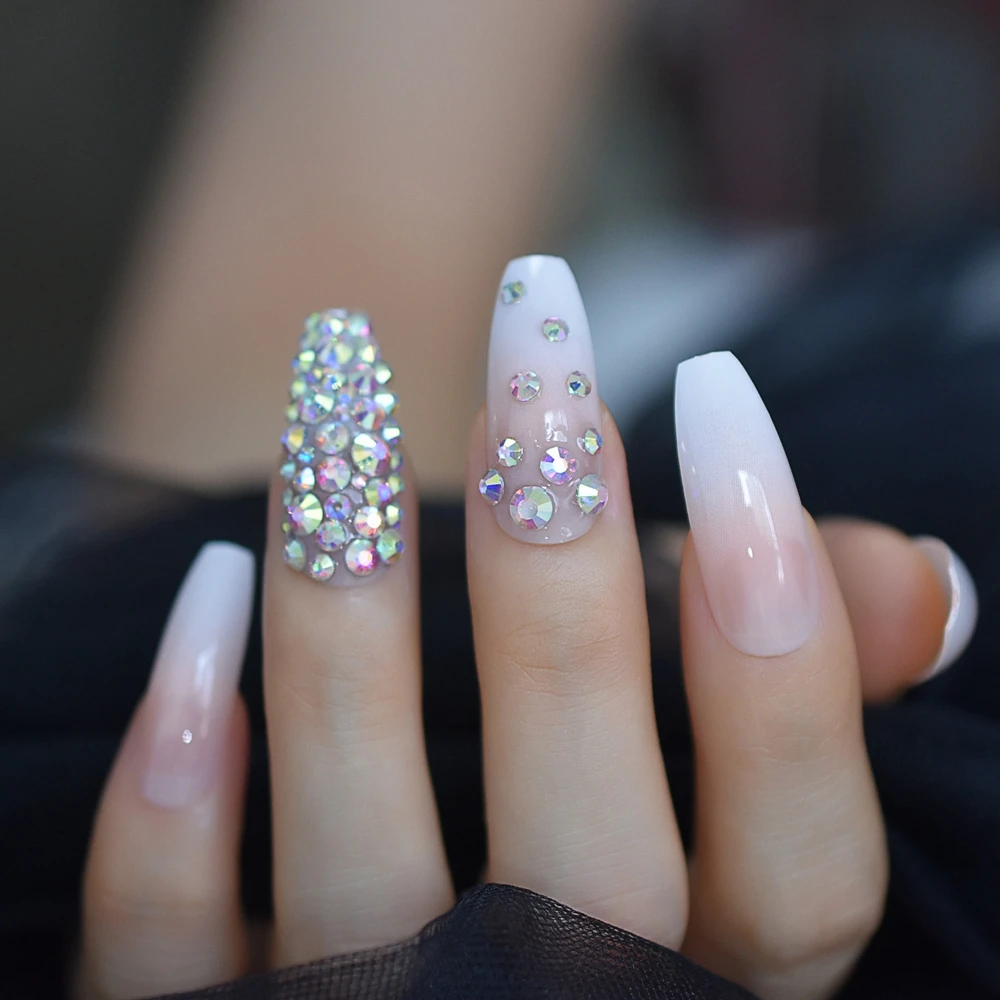 Стразы для ногтей с эффектом омбре и кристаллами, полный дизайн, балерина, накладные ногти, длинные натуральные белые дизайнерские кончики для дизайна ногтей