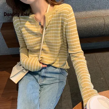 

Woman Sweaters Korean Slim Knitted Long Sleeve Sweet Button Pullover Jumper Stripe Outwear Tops New Winter Clothes Women
