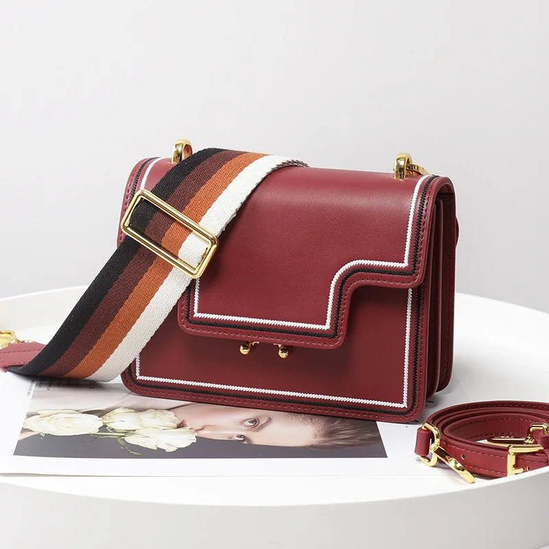 

Korean-style Fashion Retro File Holder Wide-Strap Lock Square Sling Bag Simple Contrast Color Shoulder Bag Shoulder WOMEN'S Leat