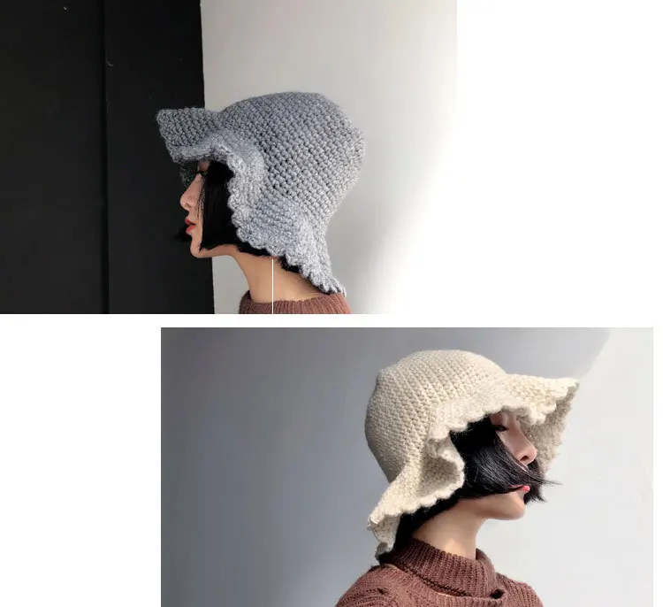 New Girl Hand-knitted Cap Winter Warm Pure Color Cap Flower Folding Fisherman Cap Outdoor Coarse Wool Knitted Cap Leisure Travel