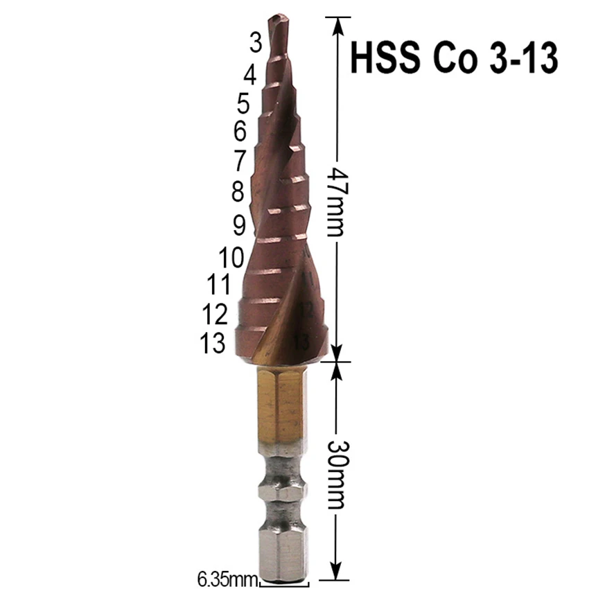 

M35 Cobalt Double-edged Spiral Groove Step Drill, Hex Shank, Stainless Steel Metal Hole Opener Step Cone Drill Bit 3-13mm