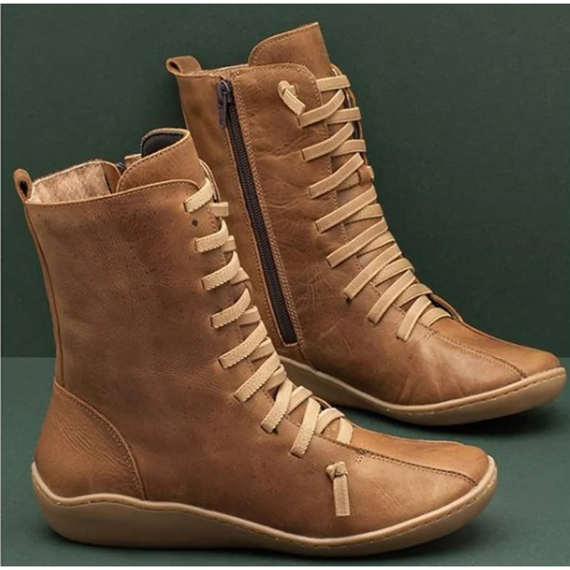 Women Ankle Boots Autumn Women's Vintage Zipper Lace Up Ladies Leather
High Top Shoes Woman Retro Working Boots Female Shoes