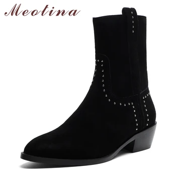 

Meotina Genuine Leather Ankle Boots Women Kid Suede Rivets Thick Heel Short Boots Zipper Pointed Toe Shoes Female Autumn Size 39