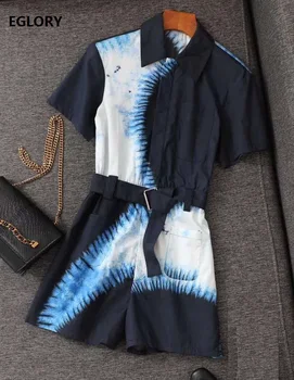 

High Quality Jumpsuit Shorts 2020 Summer Women Turn-down Collar Gradient Color Print Belt Patchwork Short Sleeve Casual Playsuit