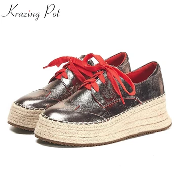 

Krazing Pot winter high quality metal sheep leather straw bottom platform mixed color lace up loafers round toe brogue shoes L86