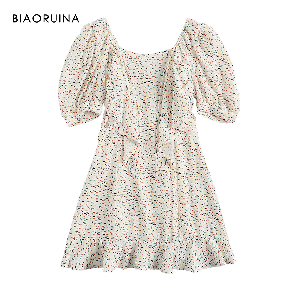 BIAORUINA Women's Heart-shaped Printing Bow High Waist Sweet Dress Vestidos Ruffles Square Sleeve Short Puff Streetwear | Женская