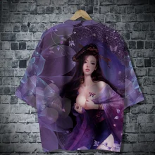 Блуза в японском стиле Харадзюку, Мужская блузка, кимоно, кардиган, мужская рубашка с принтом Белль, хаори, уличная одежда, свободные топы, юката, FF2438