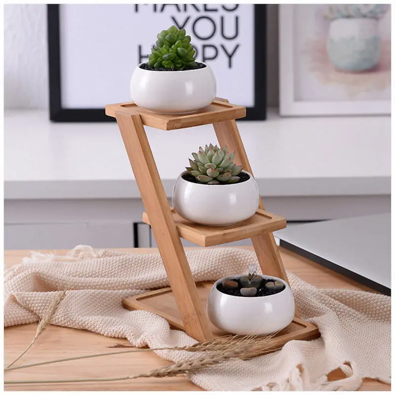 Planter 01 Pink Jusalpha Ceramic Modern Decorative Small Round Succulent Plant Pot w/ 3 Tier Bamboo Stand-Window Display-Home Decoration