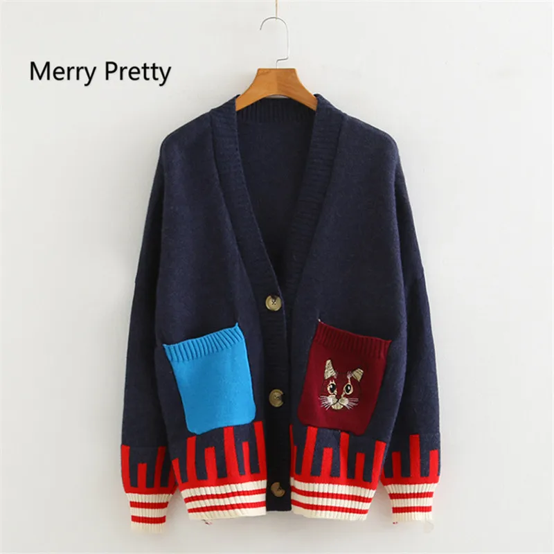 Merry Pretty, женские кардиганы и свитера, вязаные кардиганы с вышивкой в виде кота для девочек, Женская осенне-зимняя Милая верхняя одежда с большими карманами
