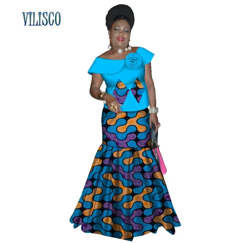 Bazin Riche, африканские топы с оборками и рукавами и юбки, комплекты для женщин, традиционный Африканский принт, 2 шт., комплекты юбок, одежда WY3059 - Цвет: 12