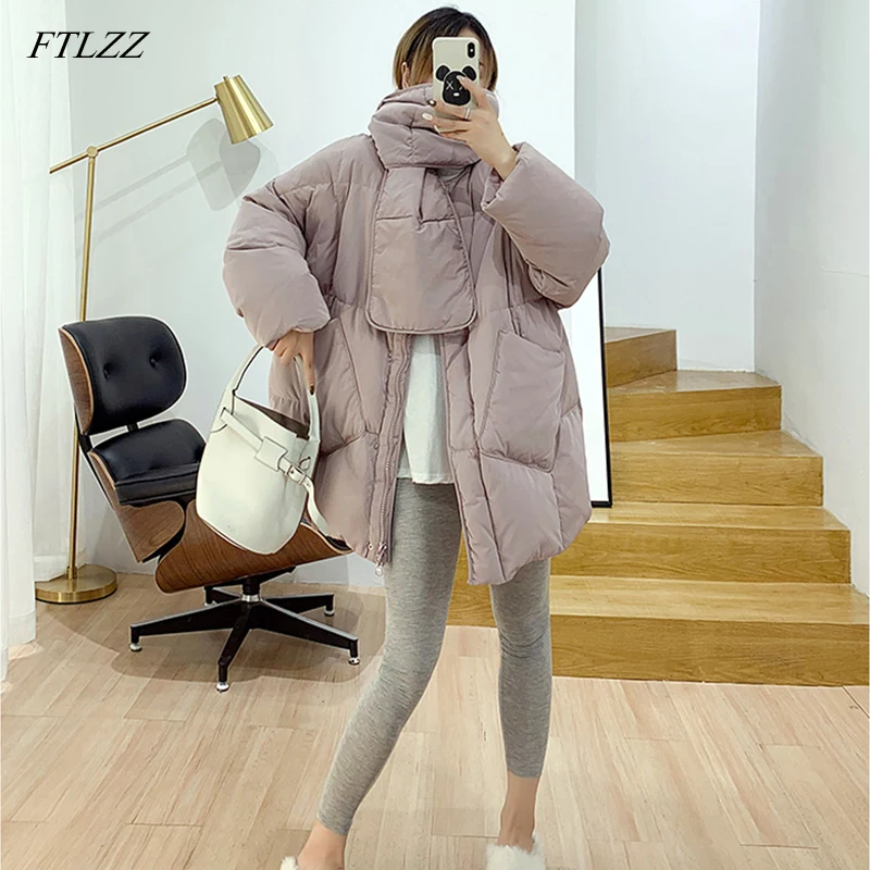 Куртка FTLZZ женская зимняя однотонная с шарфом теплая парка на утином пуху
