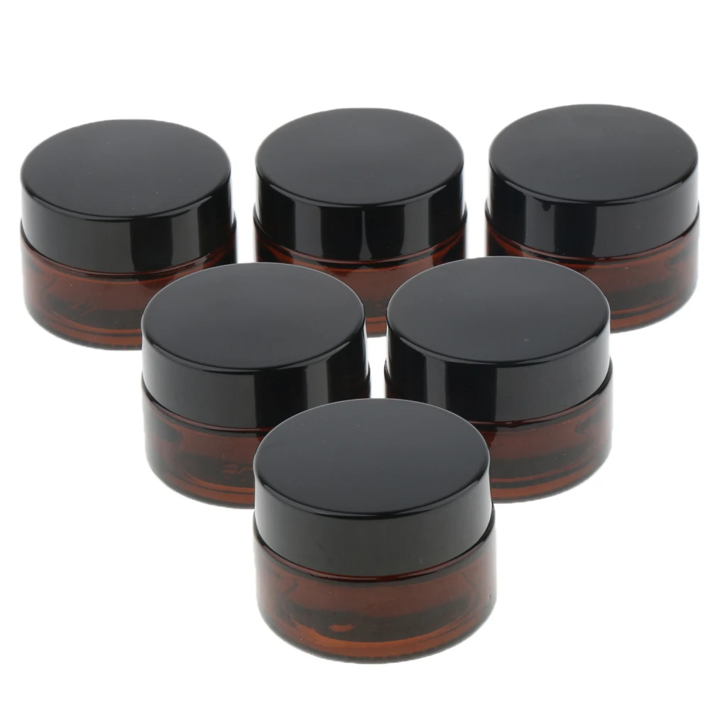 

6Pcs Refillable Cosmetic Containers Round Glass Jars Face Cream Lotion Sample Vials Dark Brown Reusable Bottle, 15g/20g/30g