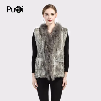 

VR004 The new women's vest Real Knitted Rabbit Fur Vest With Pocket Raccoon Fur Collar Waistcoats Women