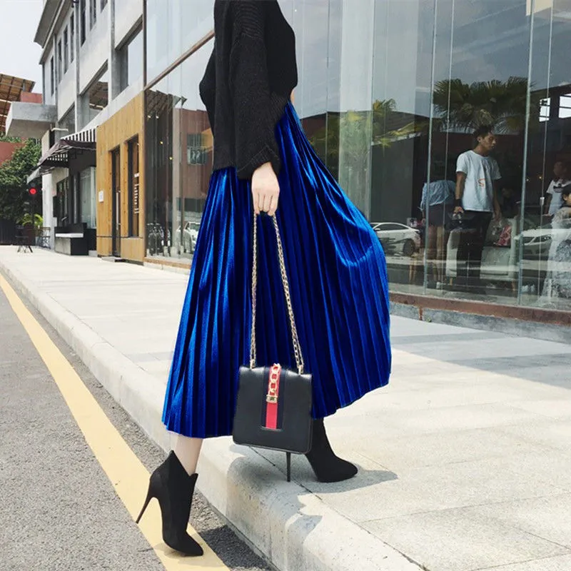RuiLee Chic office Elegant Women Long Metallic Silver Maxi Pleated Skirt Midi Skirt High Waist Elascity Casual Party